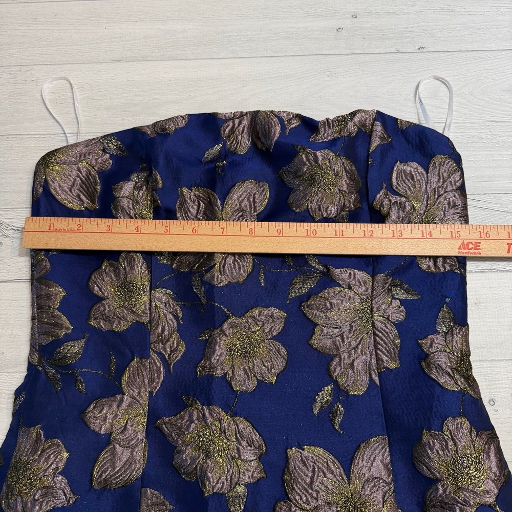 Lulu's Navy Blue Strapless Midi Dress with Metallic Floral Brocade - Picture 2 of 12